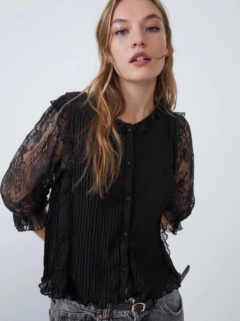 Zara Black Pleated Button Up Top Small Sheer Lace Sleeve Ruffle Pintuck Goth